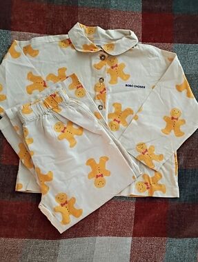 Bobo Choses Cream Pajama Set with Yellow Gingerbread Print NWT 4/5Y